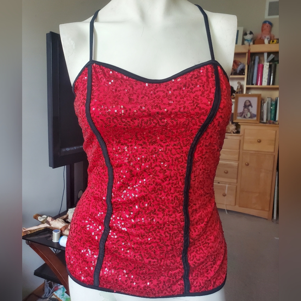 Balera size large red and black sequence cute sexy tank, cross back